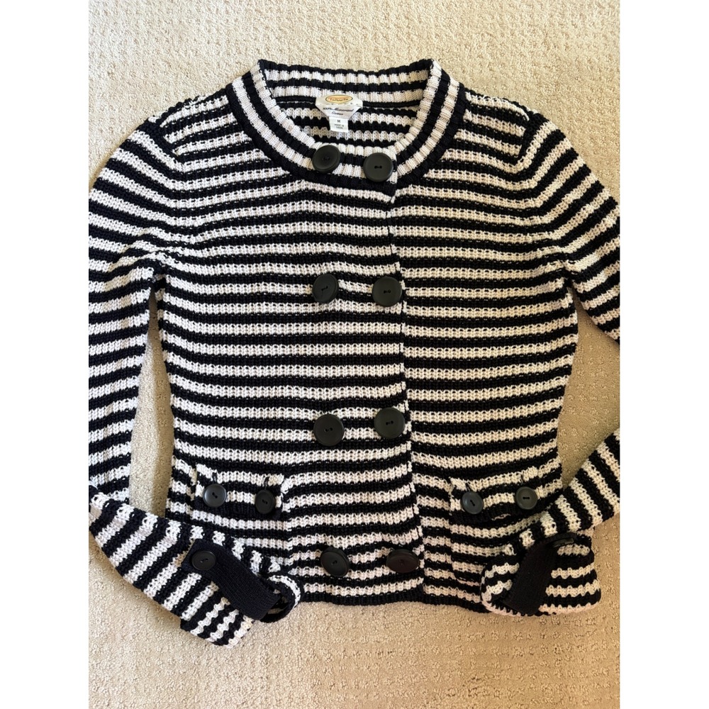 Talbots Cardigan PM Black White Striped Double Breasted Cotton Fishermancore